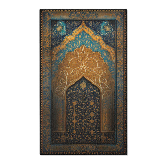 Celestial Harmony: Blue and Gold Islamic Prayer Rug